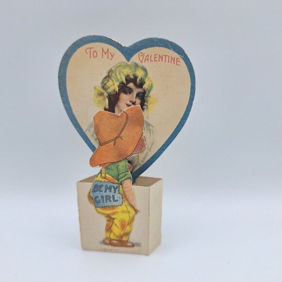 Vintage Pop Up Valentine Card Boy Girl Cowboy Design 4 Inch Paper Ephemera Scrap - Picture 1 of 5